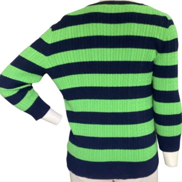 Talbots Cotton Cardigan Twinset Cable Knit Striped Sz PM Navy Blue & Green 91Q - Picture 6 of 10